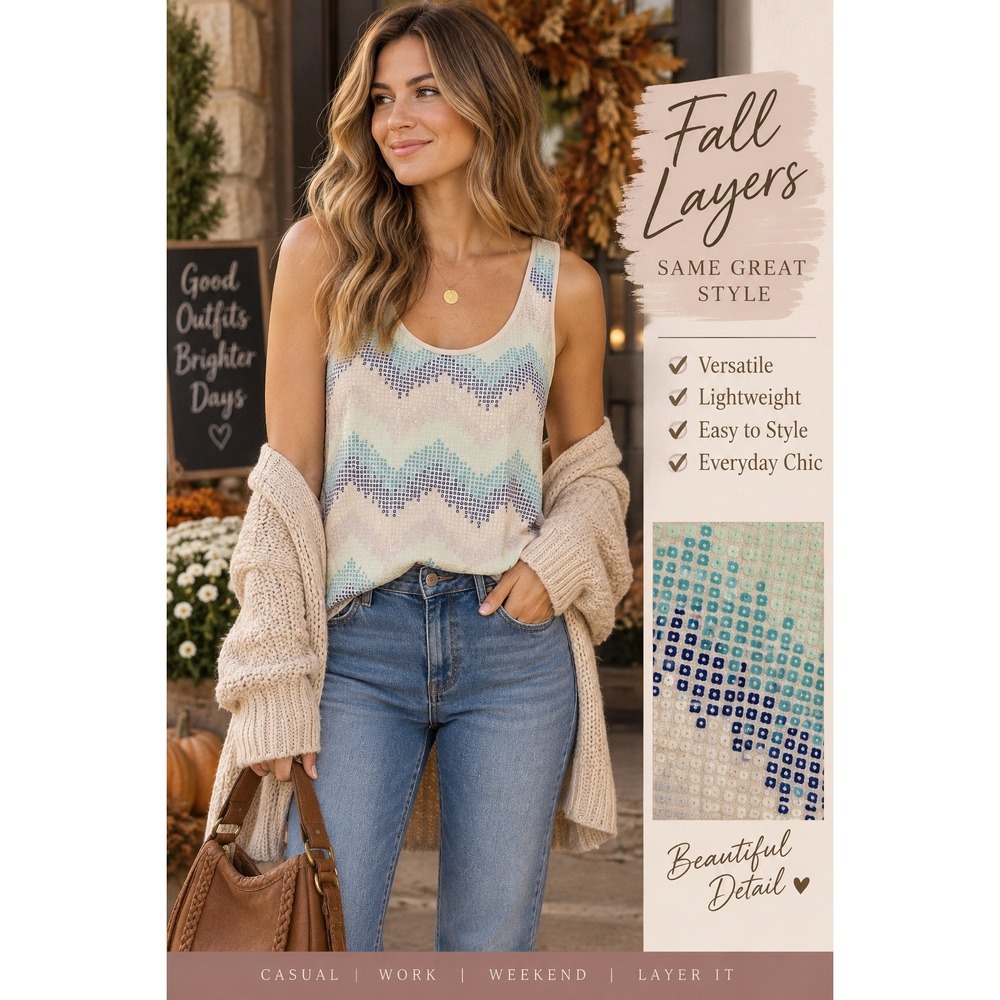 Fossil Women's Medium Sequin Tank Cream Aqua Chevron Racerback Y2K Boho Glam
